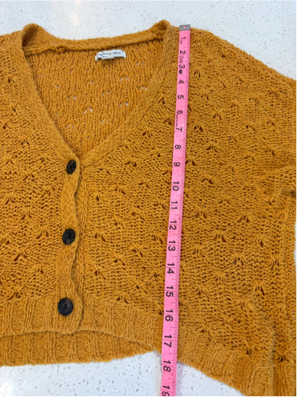American Eagle Pointelle Knit 3-Button Cardigan Marigold Slouchy Size Small - Picture 10 of 12